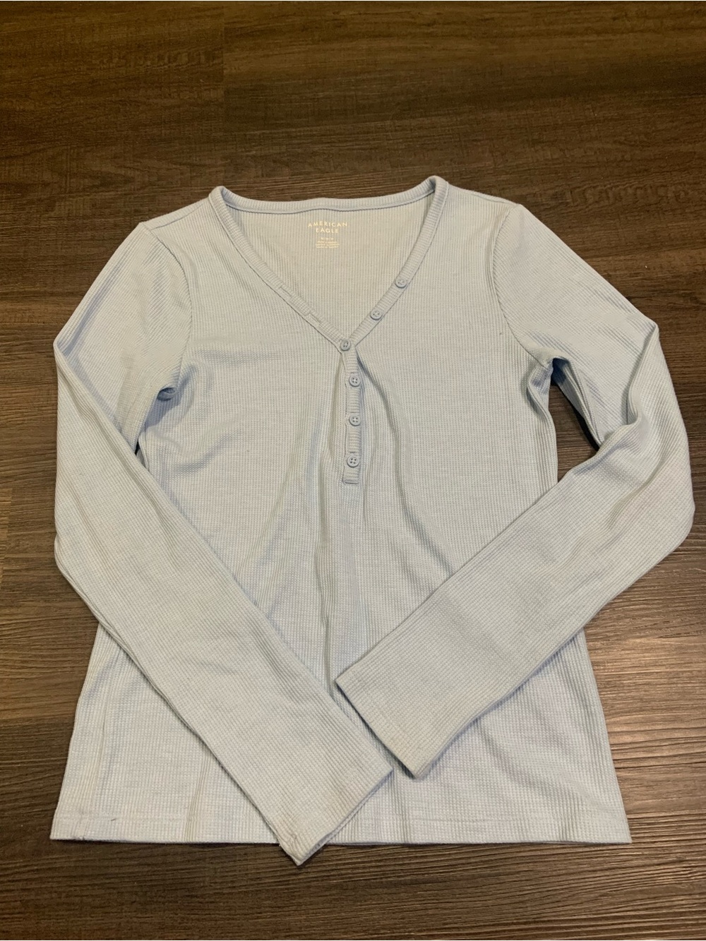 American Eagle Outfitters Pale Blue Ribbed Henley Long Sleeve Top